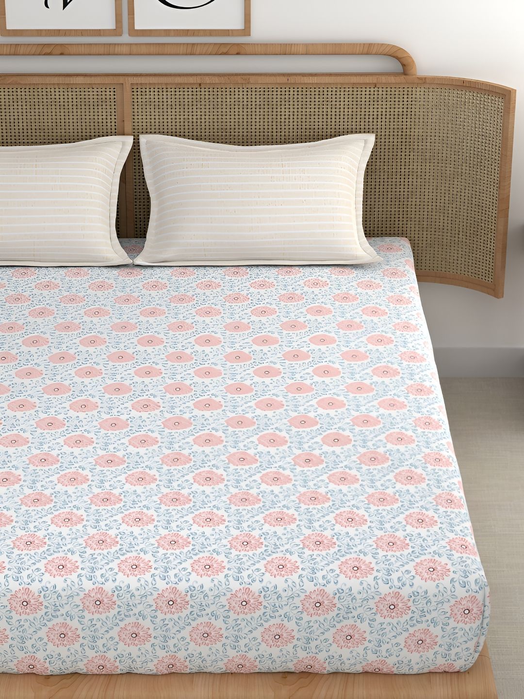 CHHAVI INDIA White Floral Microfiber 210 TC King Fine Bedsheet with 2 Pillow Covers-108 x 98 inches