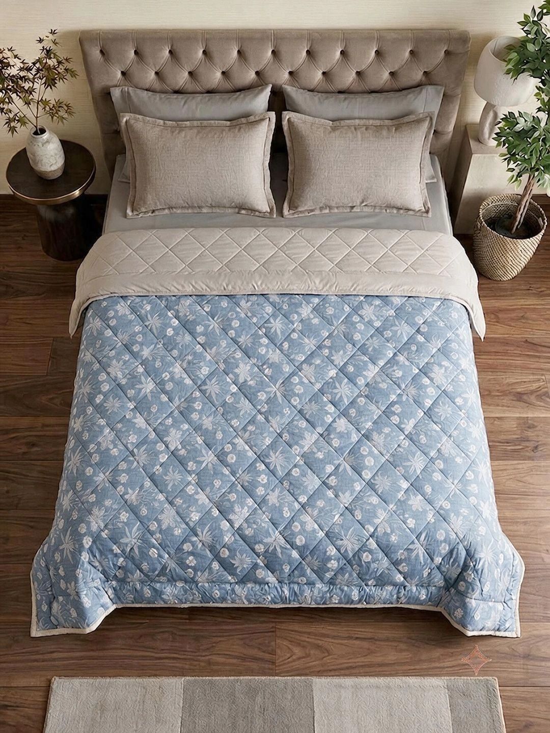 Linen Home Nora Floral Blue & Silver Reversible AC Blanket Double Size