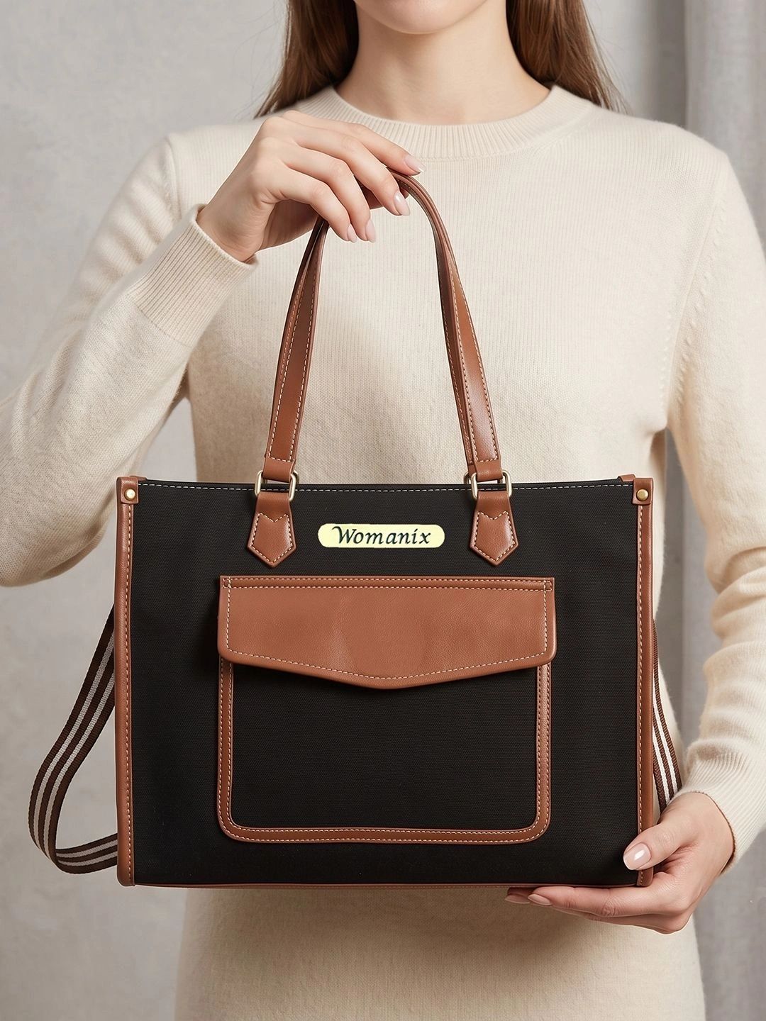 Buy Womanix Colourblocked Applique Canvas Oversized Structured Shoulder Bag With Pouch -  - Accessories for Women