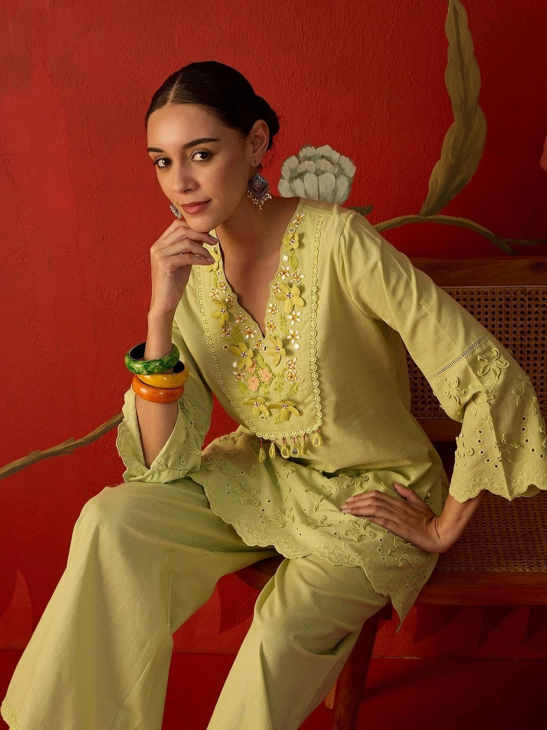 Sangria Women Ethnic Motifs Embroidered Regular Thread Work Pure Cotton Kurta with Palazzos