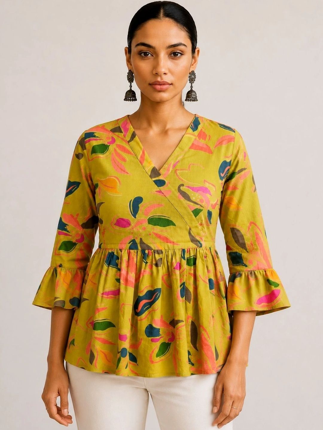 Threadflix Print Flared Sleeve Cotton Blend Wrap Top
