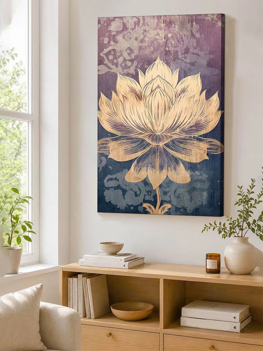 Art Street Purple Gold Toned Lotus Floral Vastu Stretched Canvas Wall Art Painting 22x34 In