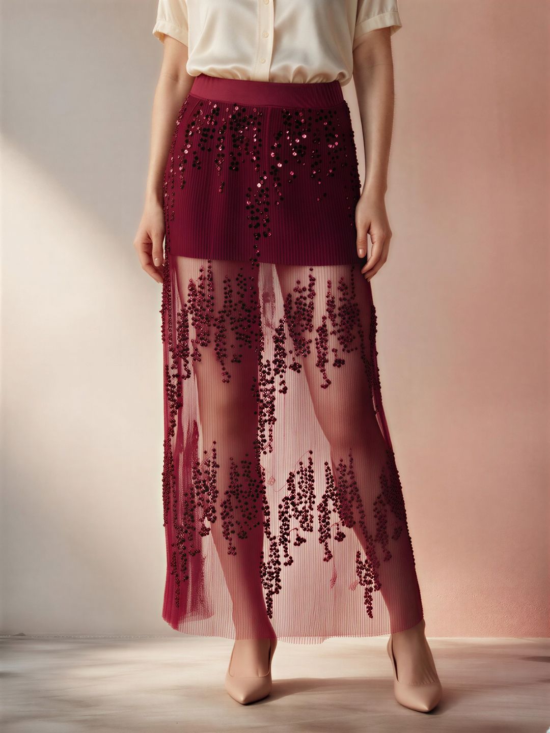 ATELIER REBEL Women Embellished Sheer Maxi Straight Skirt