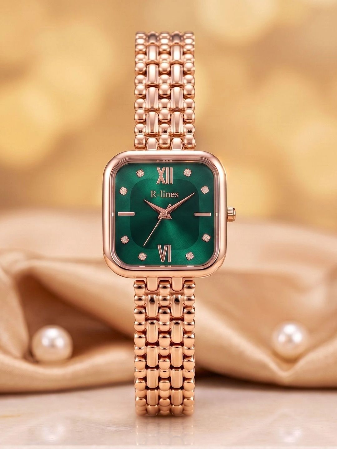 R-LINES Women Embellished Dial & Stainless Steel Bracelet Style Straps Analogue Watch NEW RF-Rose Green