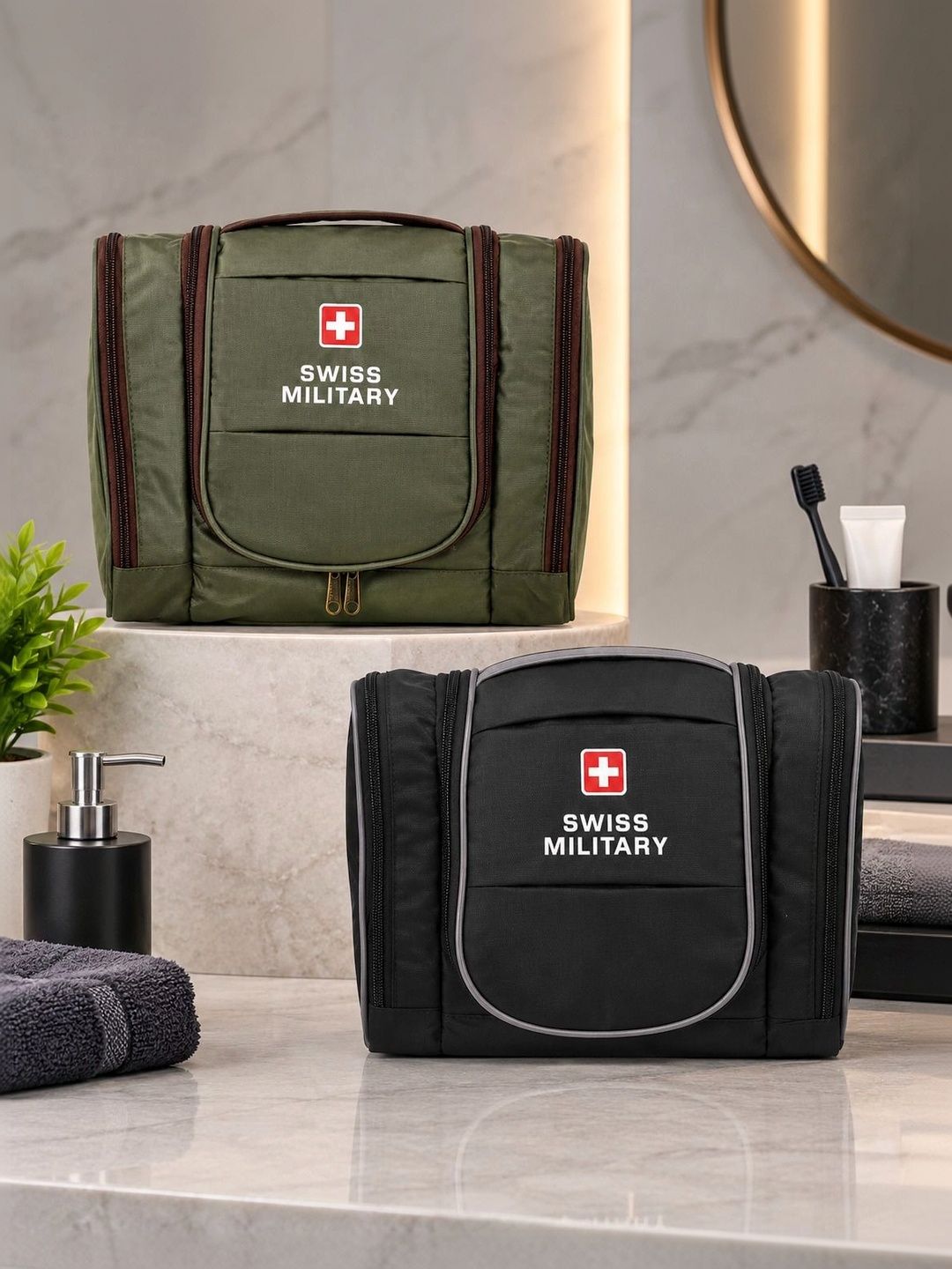 SWISS MILITARY Set Of 2 Green & Black Solid Toiletry Bags