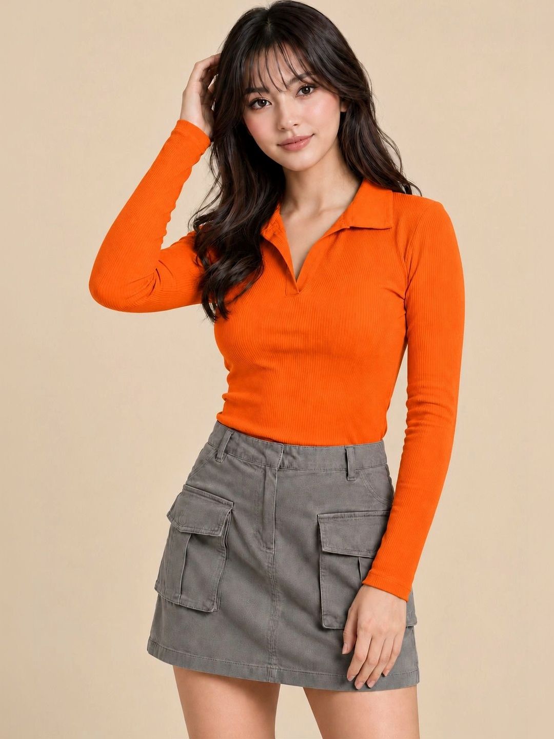 RAMIAAZ Cotton Ribbed Collared Long Sleeve Top