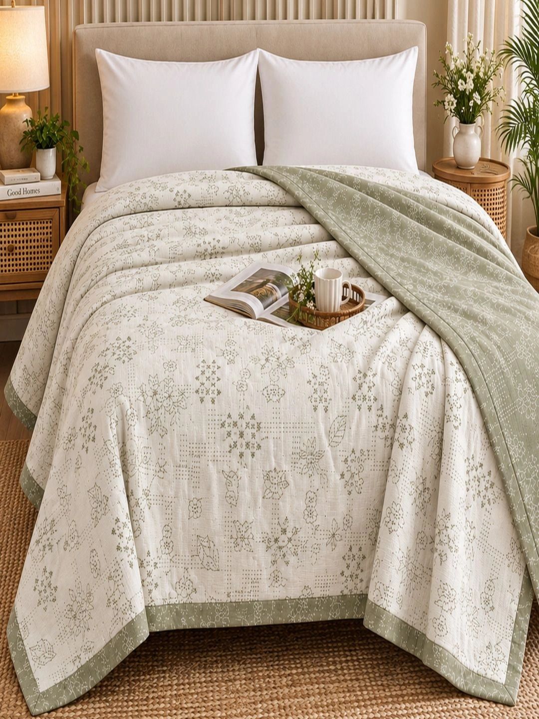 Myntra Elegant Homes Olive Green & White Floral AC Room 150 GSM Dohar