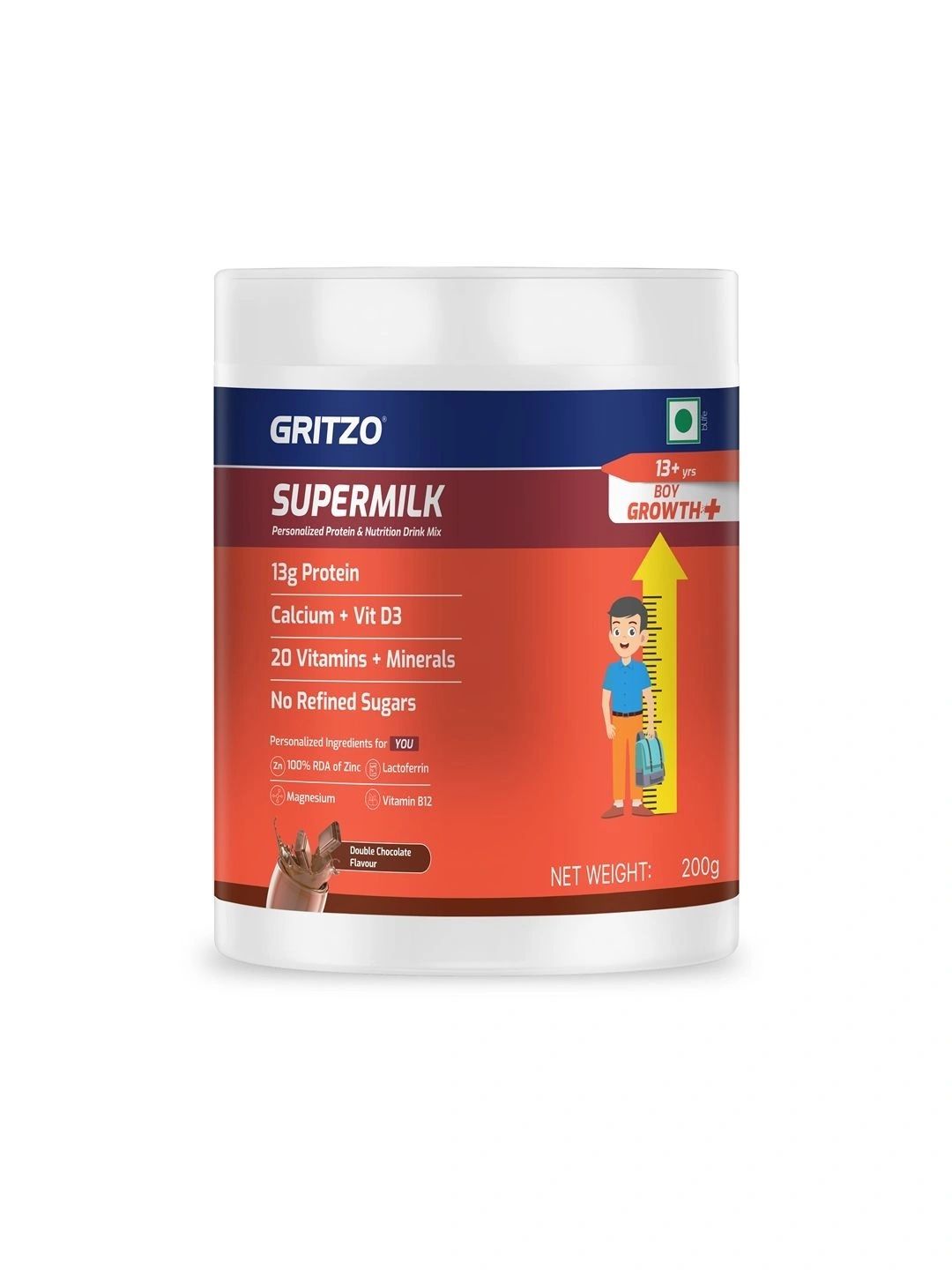 Gritzo Kids SuperMilk Growth Protein Powder - 200 g-Double Chocolate