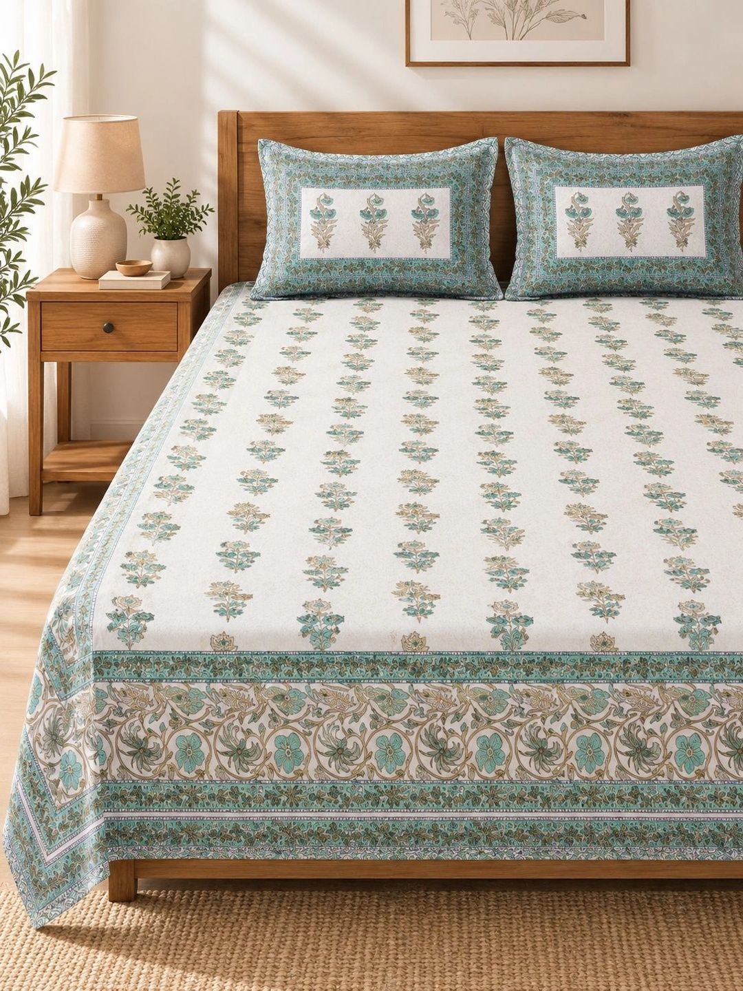 Rajasthan Decor White & Green 44TC Cotton Double King Bedsheet Set 2.25 m x 2.570 m