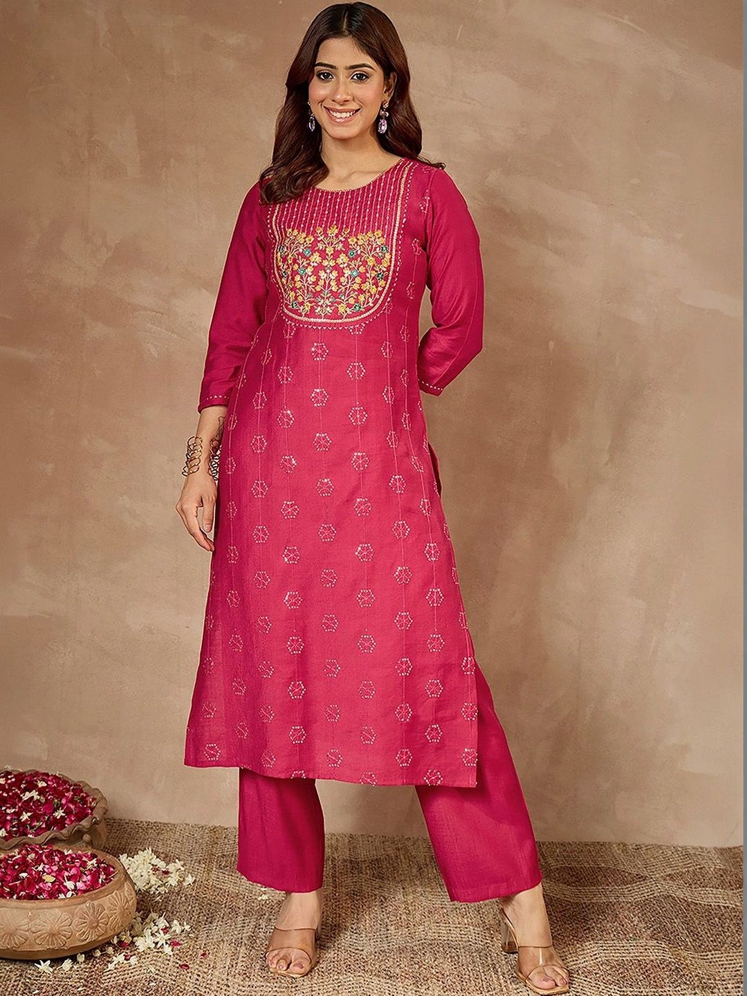 Janasya Women Floral Embroidered Regular Sequinned Chanderi Silk Kurta with Trousers