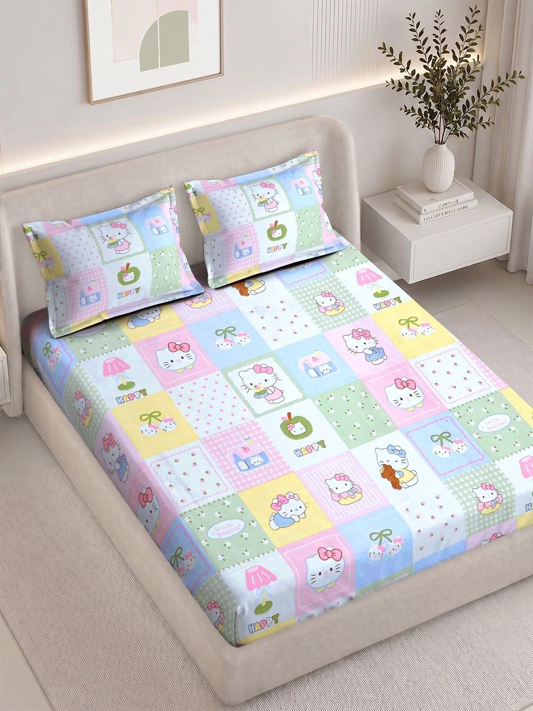 Buy FABINALIV Multicoloured Cartoon Characters 300 TC King Bedsheet With 2 Pillow Covers -  - Home for Unisex Kids