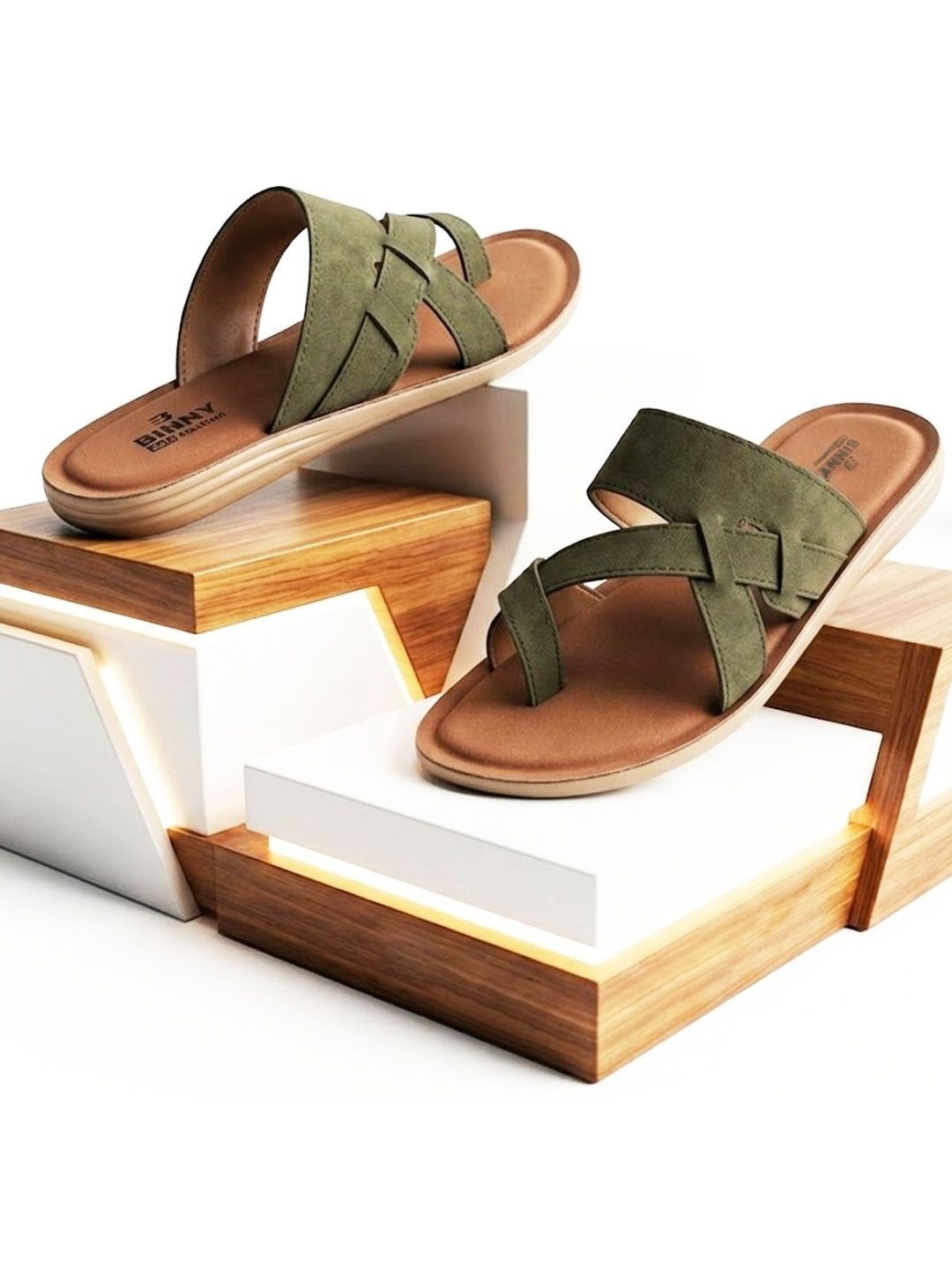Binny Men Olive Green Suede Finish Cross Strap Comfort Casual Flat Sandals