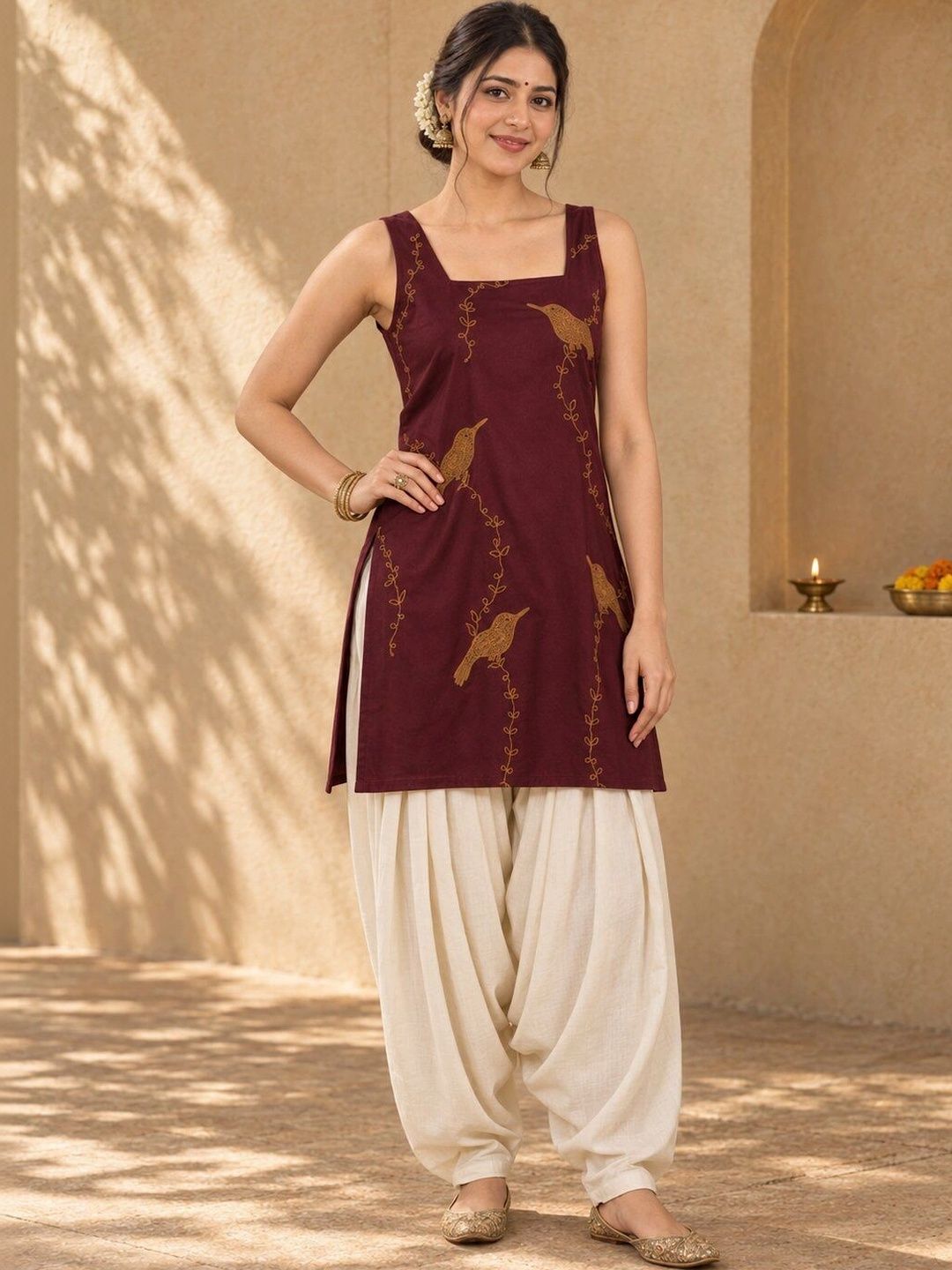 QAZMI Aari Embroidered Square Neck Viscose Rayon Sleeveless Kurti