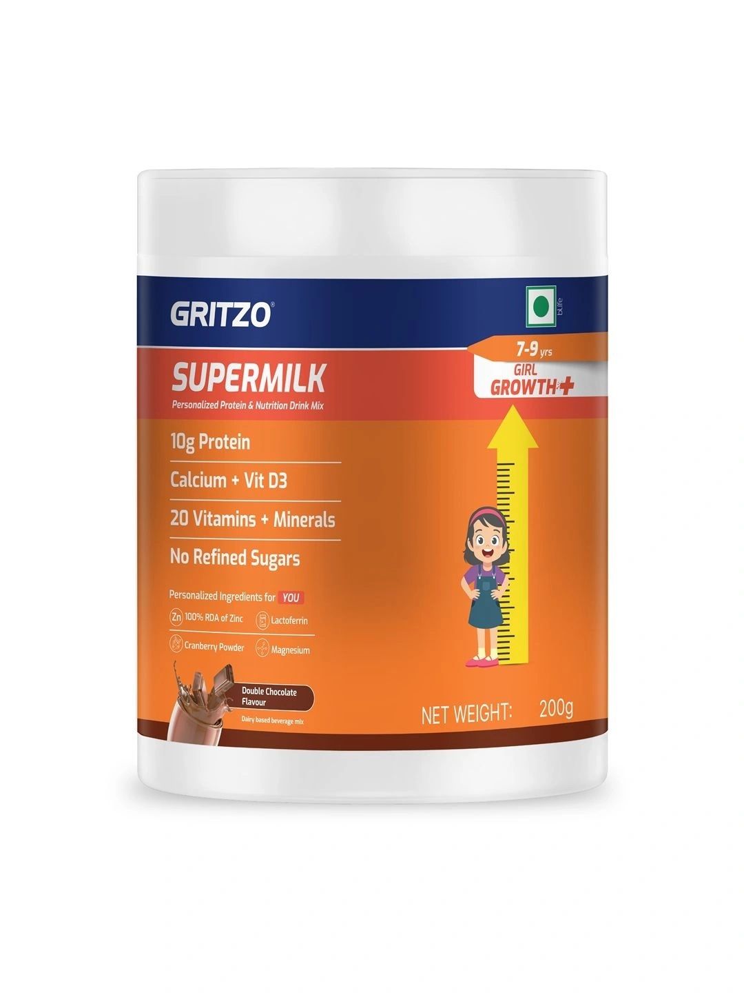 Gritzo Kids SuperMilk Growth Protein Powder -200 g- Double Chocolate