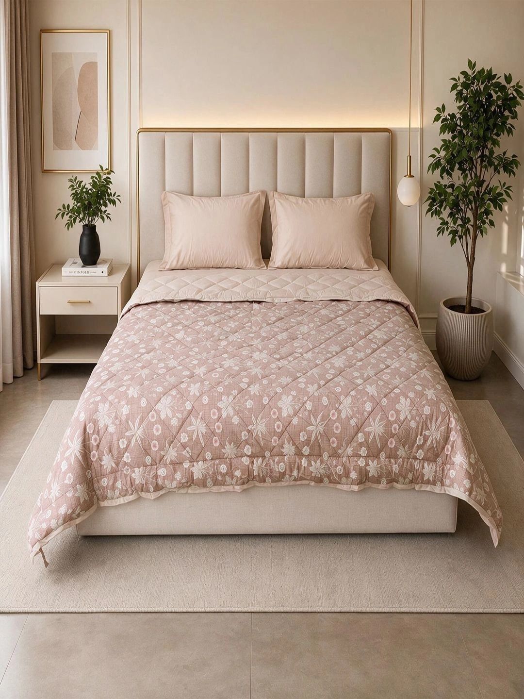 Linen Home Nora Floral Light Brown & Light Taupe Reversible AC Blanket Single Size