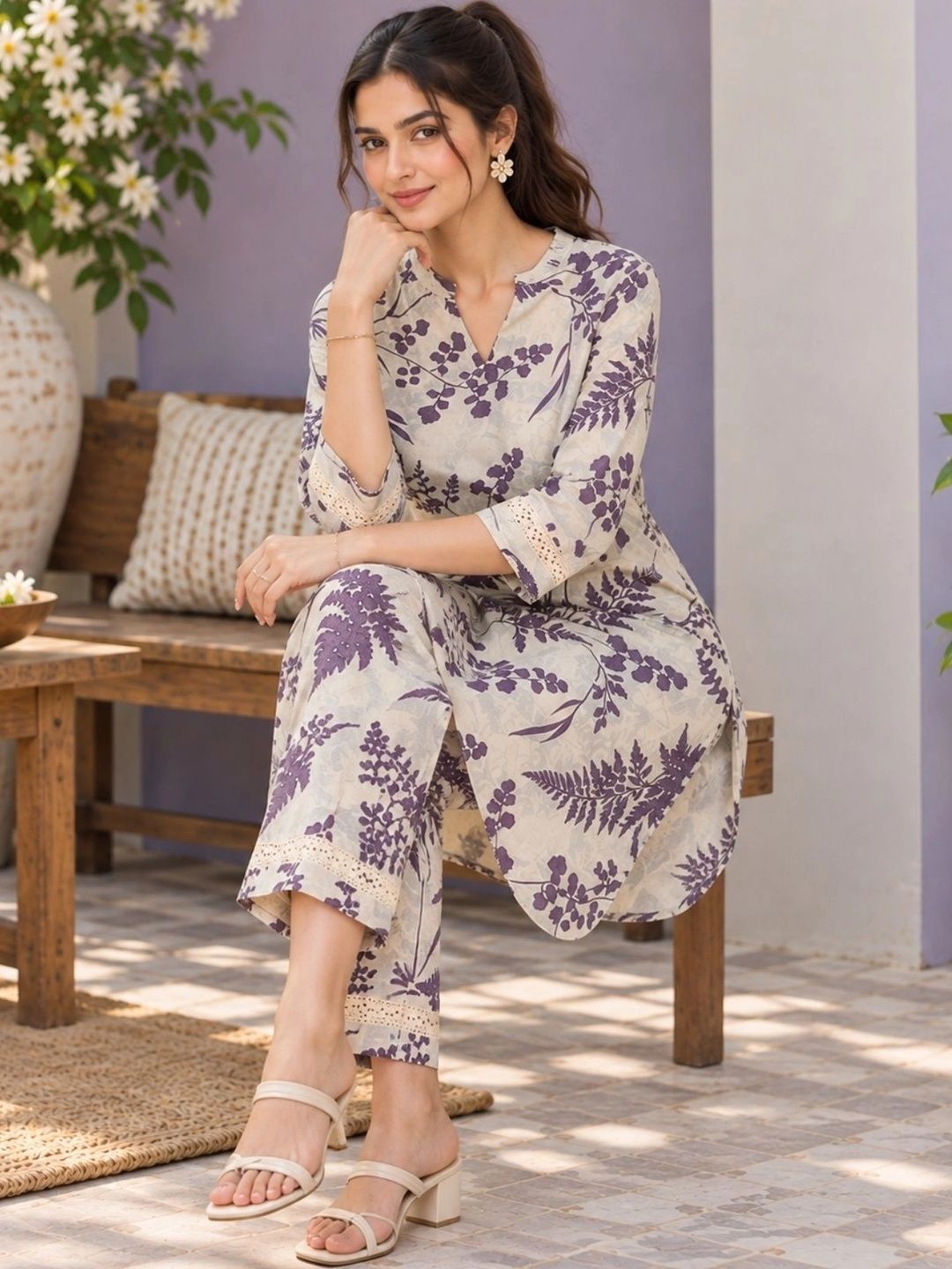 KALINI Printed Pure cotton V-Neck Kurta & Trousers Co-Ords
