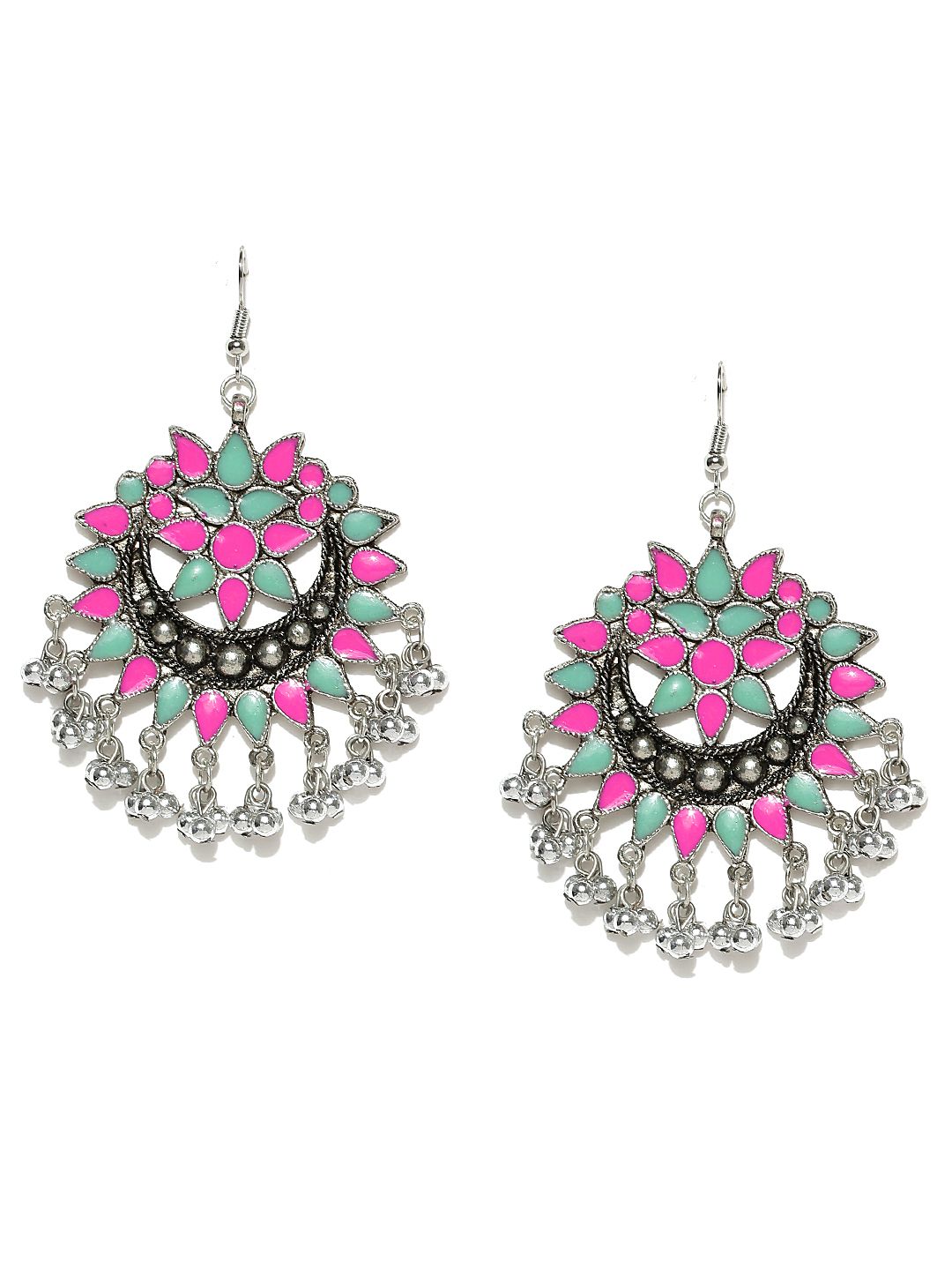 YouBella Silver-Toned & Pink Crescent Shaped Chandbalis