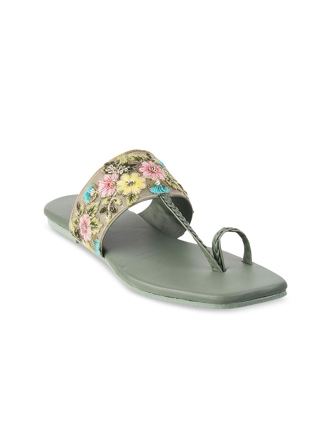 Mochi Women Green Embellished One Toe Flats