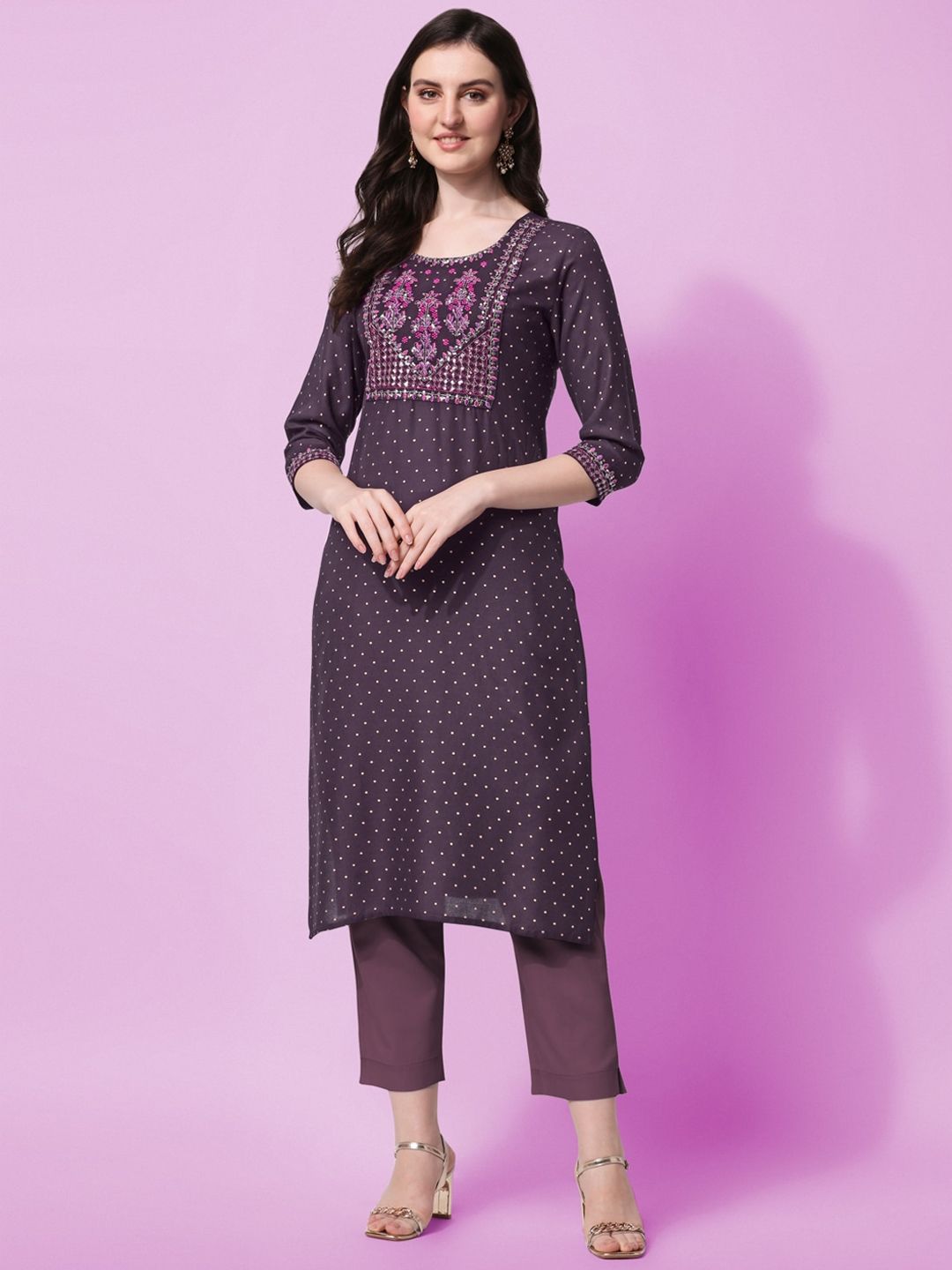 KALINI Women Purple Ethnic Motifs Yoke Design Thread Work Kurta