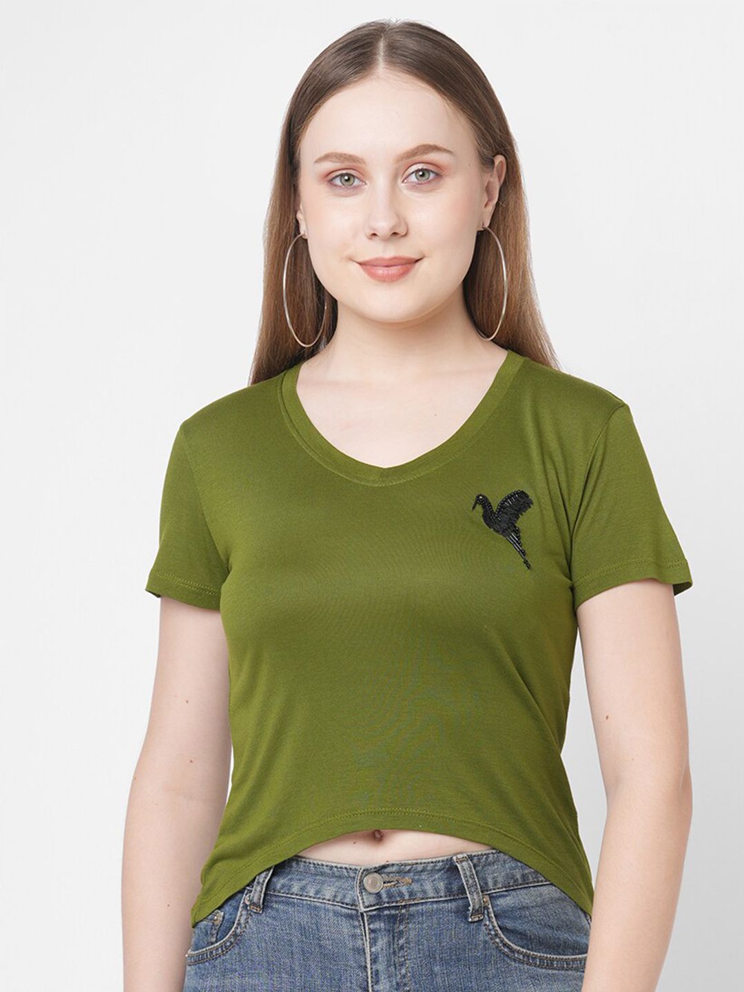 MISH Women Olive Green Solid T-shirt