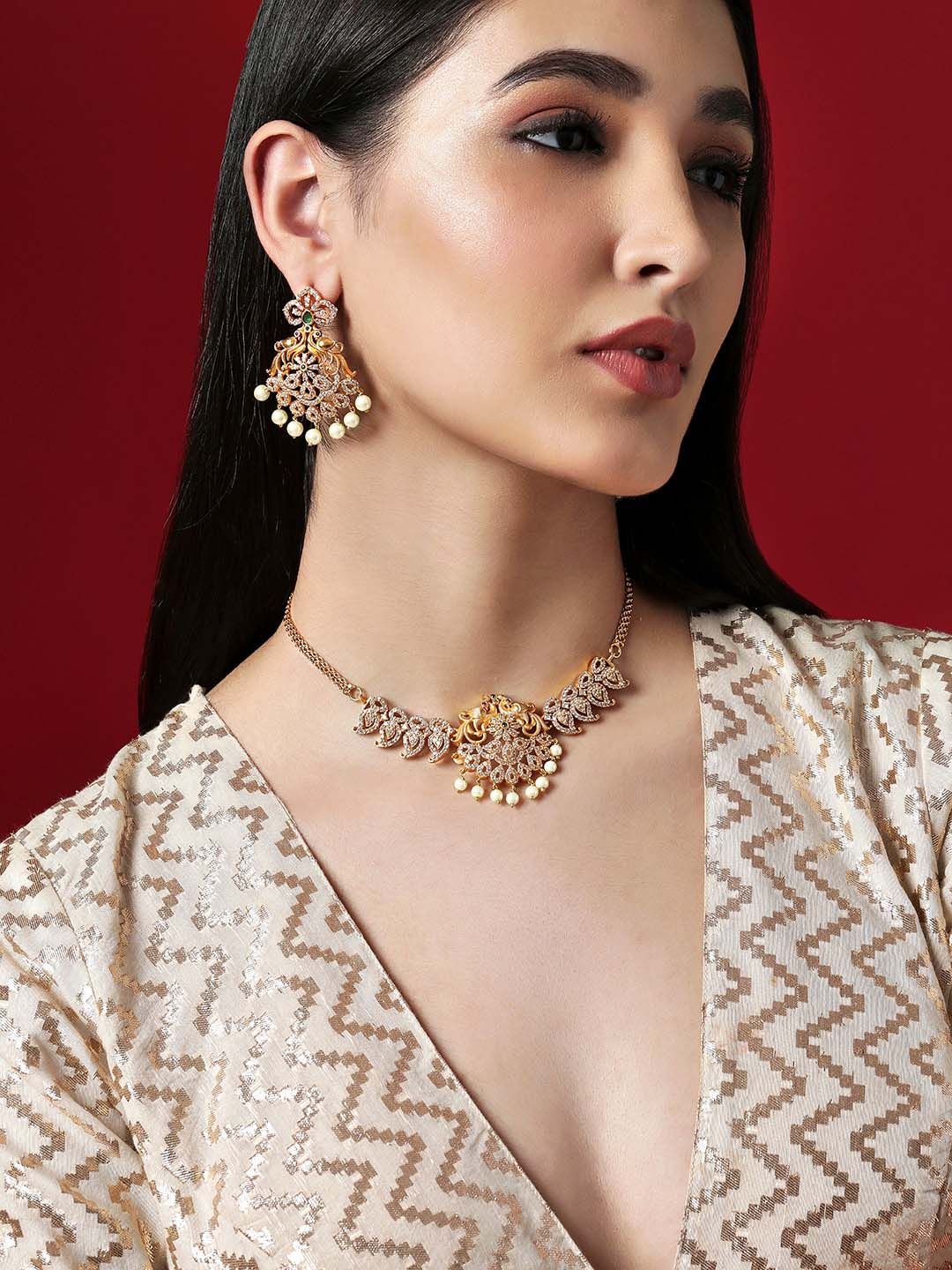 Rubans 24K Gold-Plated & White AD-Studded Jewellery Set