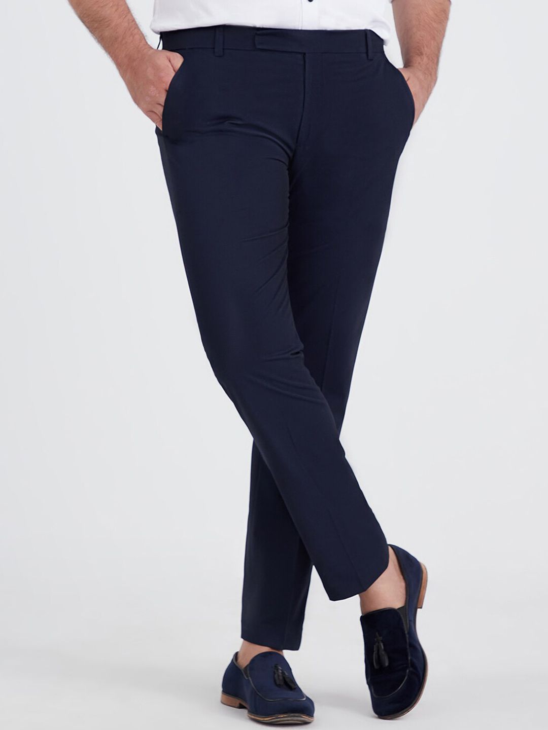 MR BUTTON Men Navy Blue Slim Fit Trousers