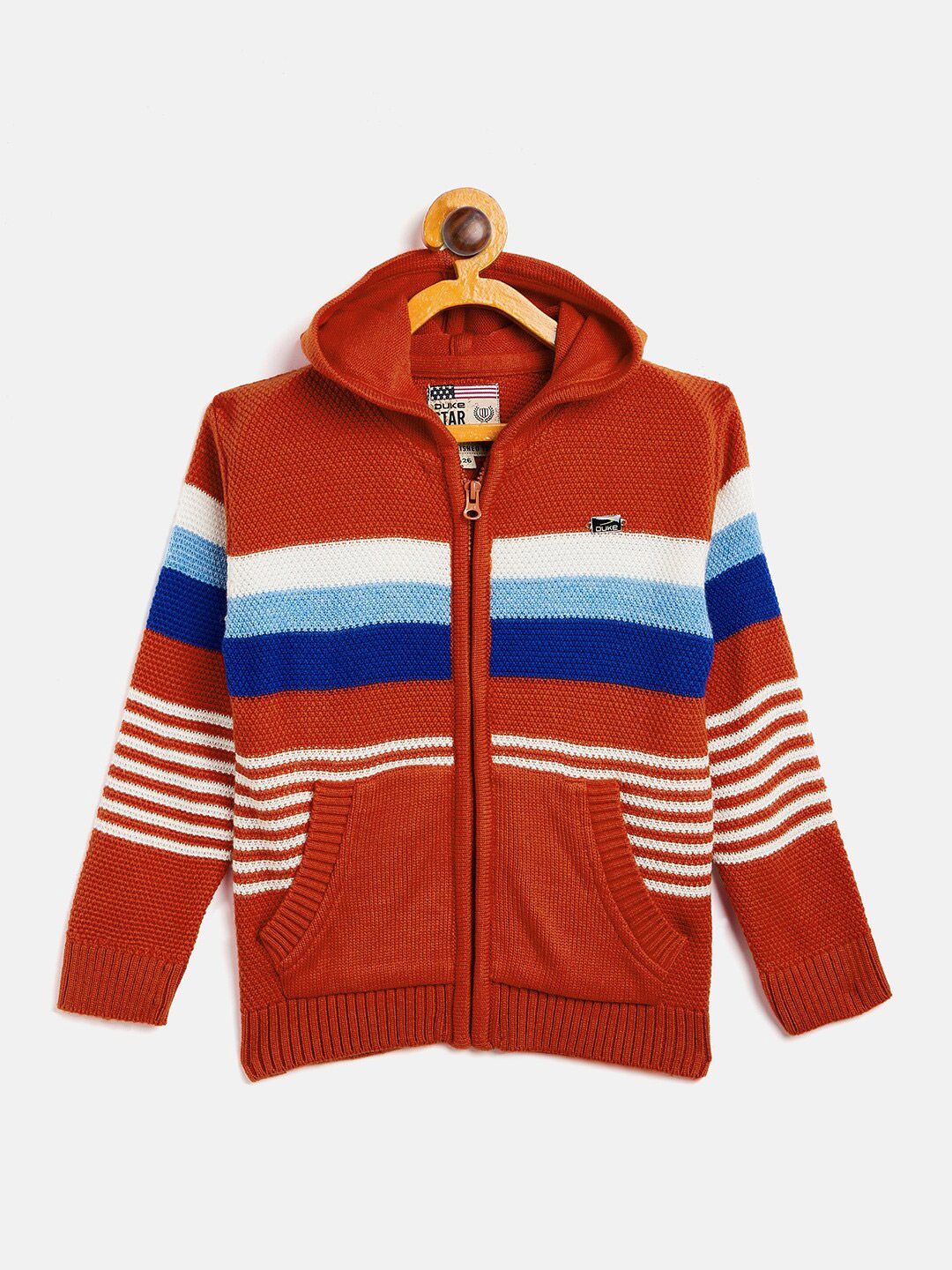 Duke Boys Orange & Navy Blue Acrylic Striped Hooded Cardigan