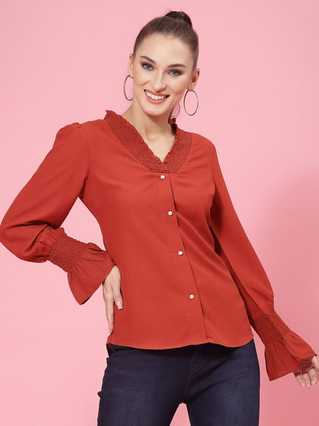 KASSUALLY Rust Smocked Shirt Style Top