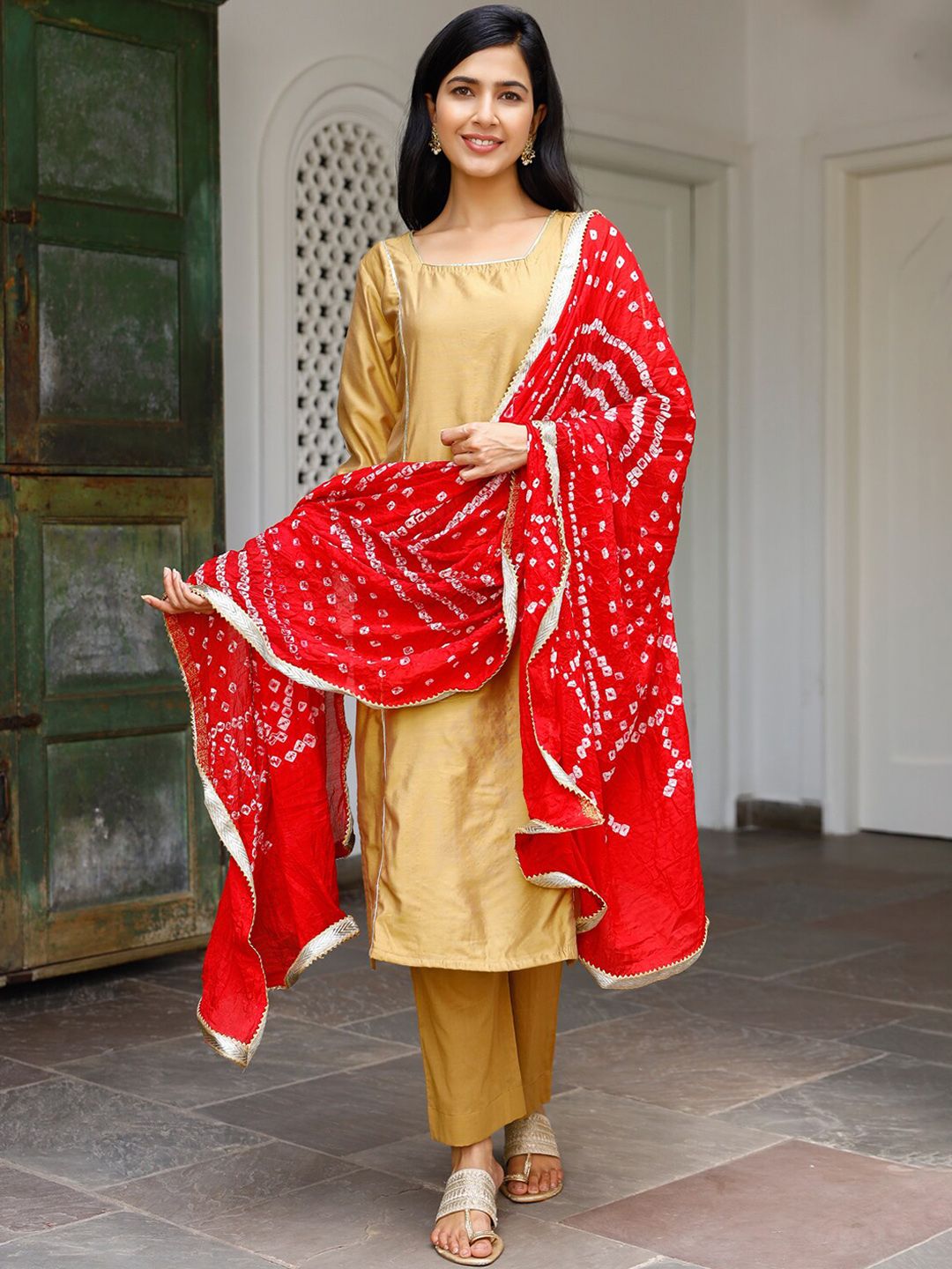 Ambraee Women Beige Gotta Patti Kurta with Trousers & Dupatta Chanderi Set