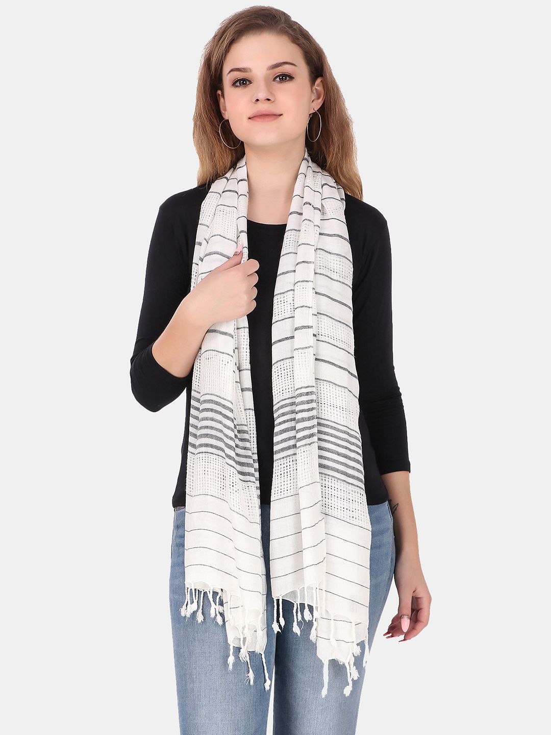 FWC FILL WITH COLOURS Women White & Black Woven Design Stole