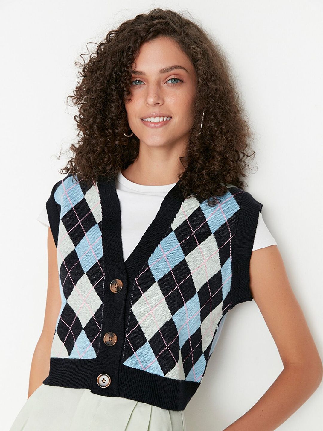 Trendyol Women Navy Blue & White Checked Checked Crop Cardigan
