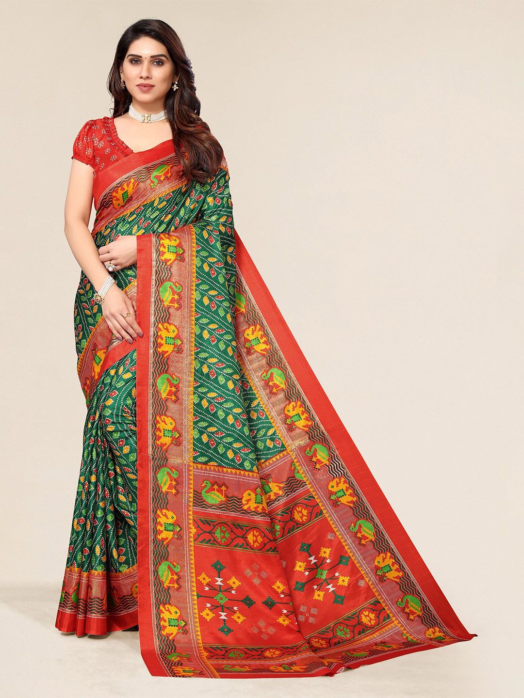 Winza Designer Green & Orange Ethnic Motifs Silk Cotton Fusion Mysore Silk Saree