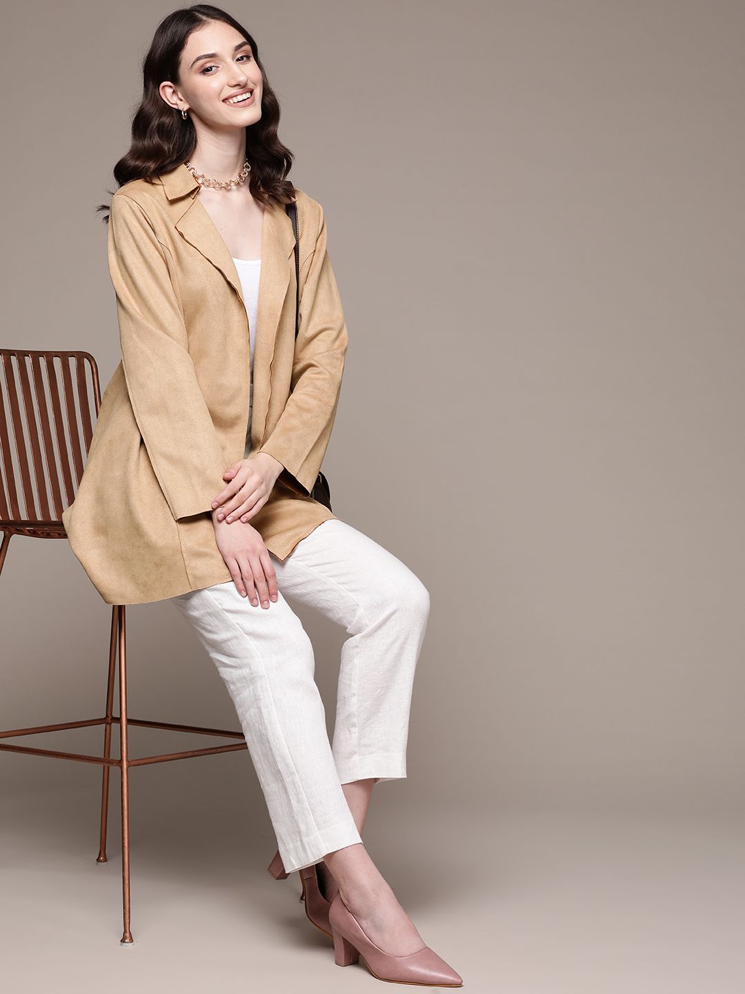 aarke Ritu Kumar Women Tan Suede Longline Open Front Jacket