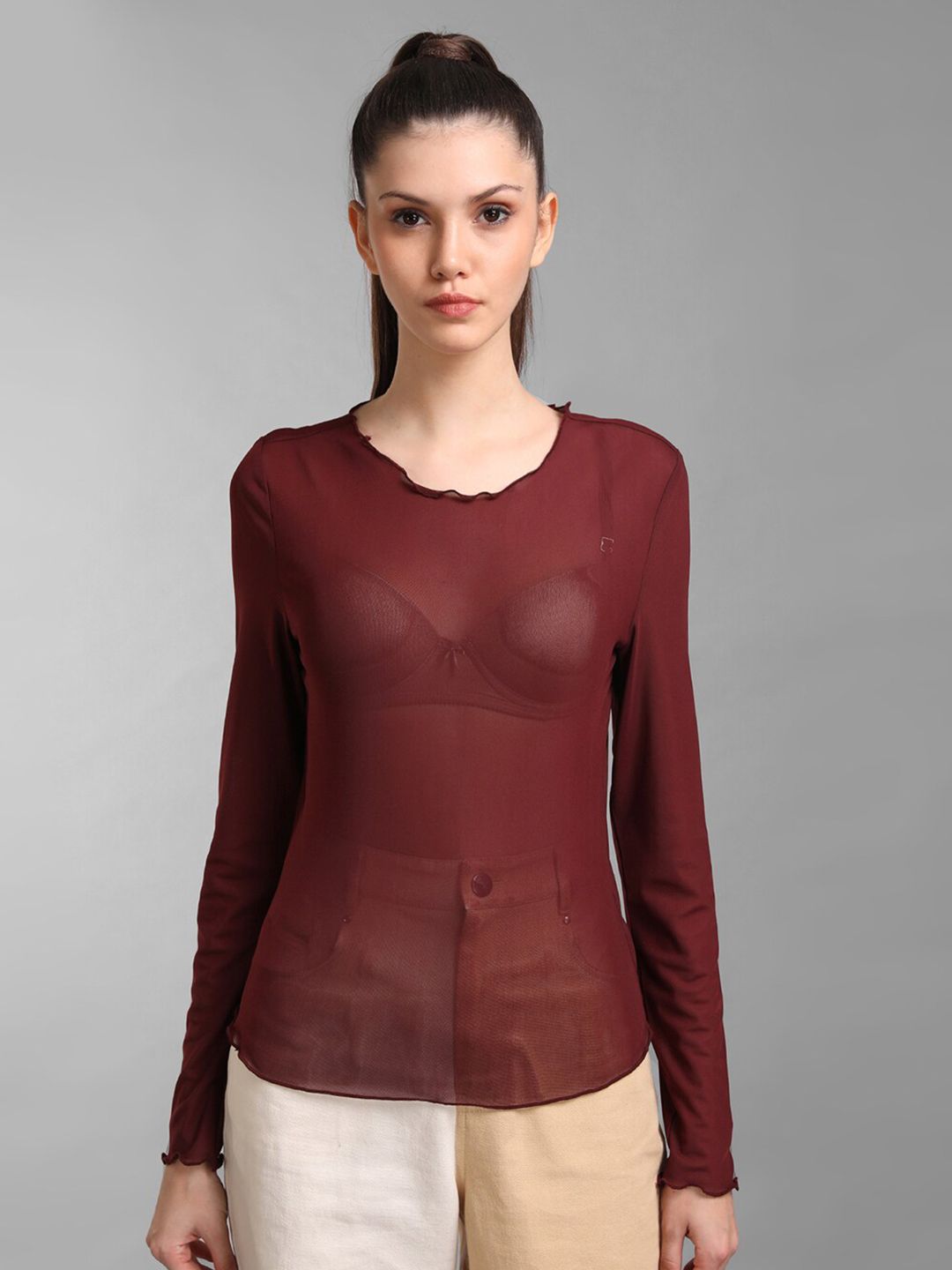 Kazo Brown Full Sleeves Mesh Top