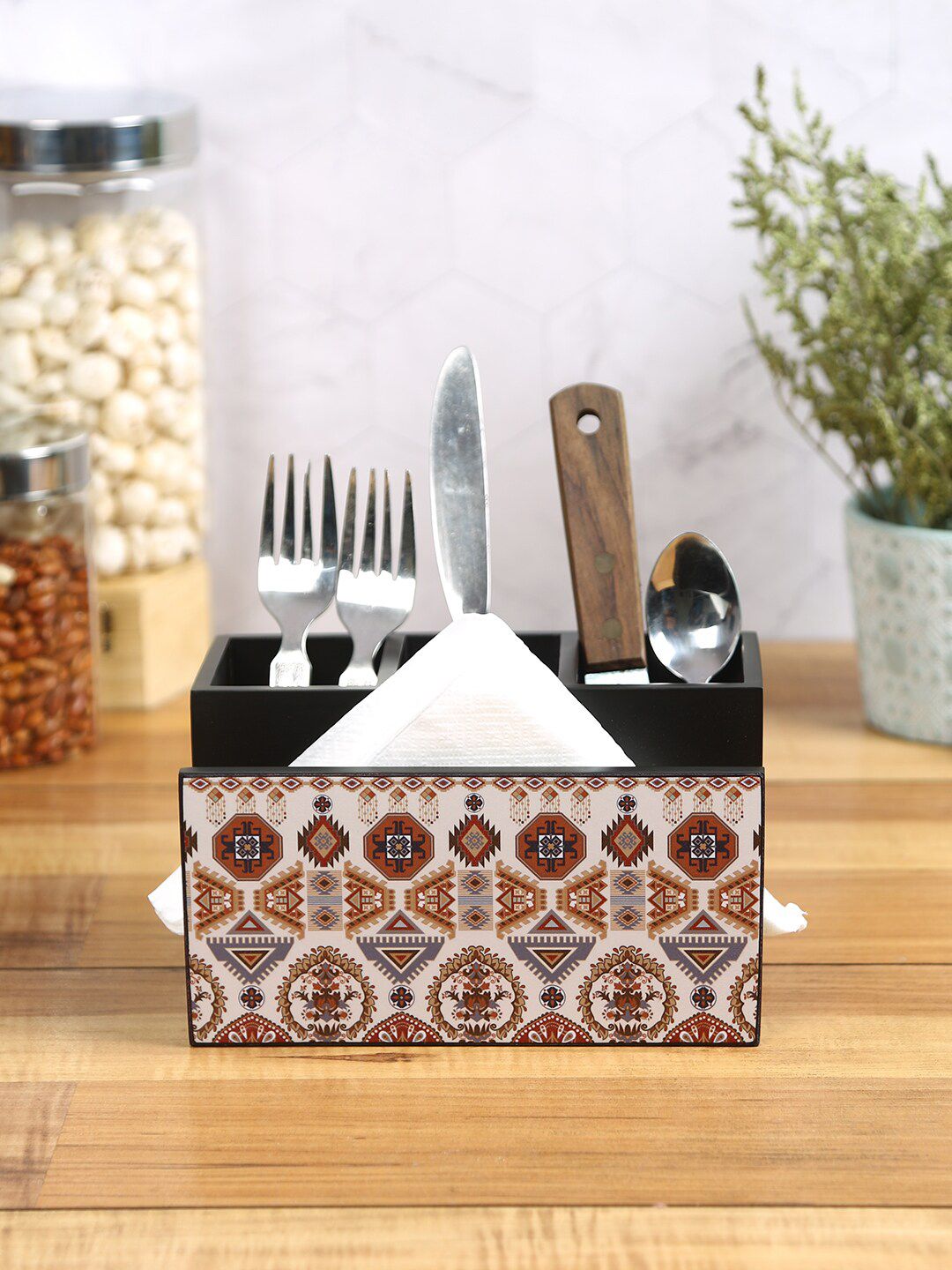 Reinvention Factory Black Folk Ornament Wooden Cutlery Tissue Holder