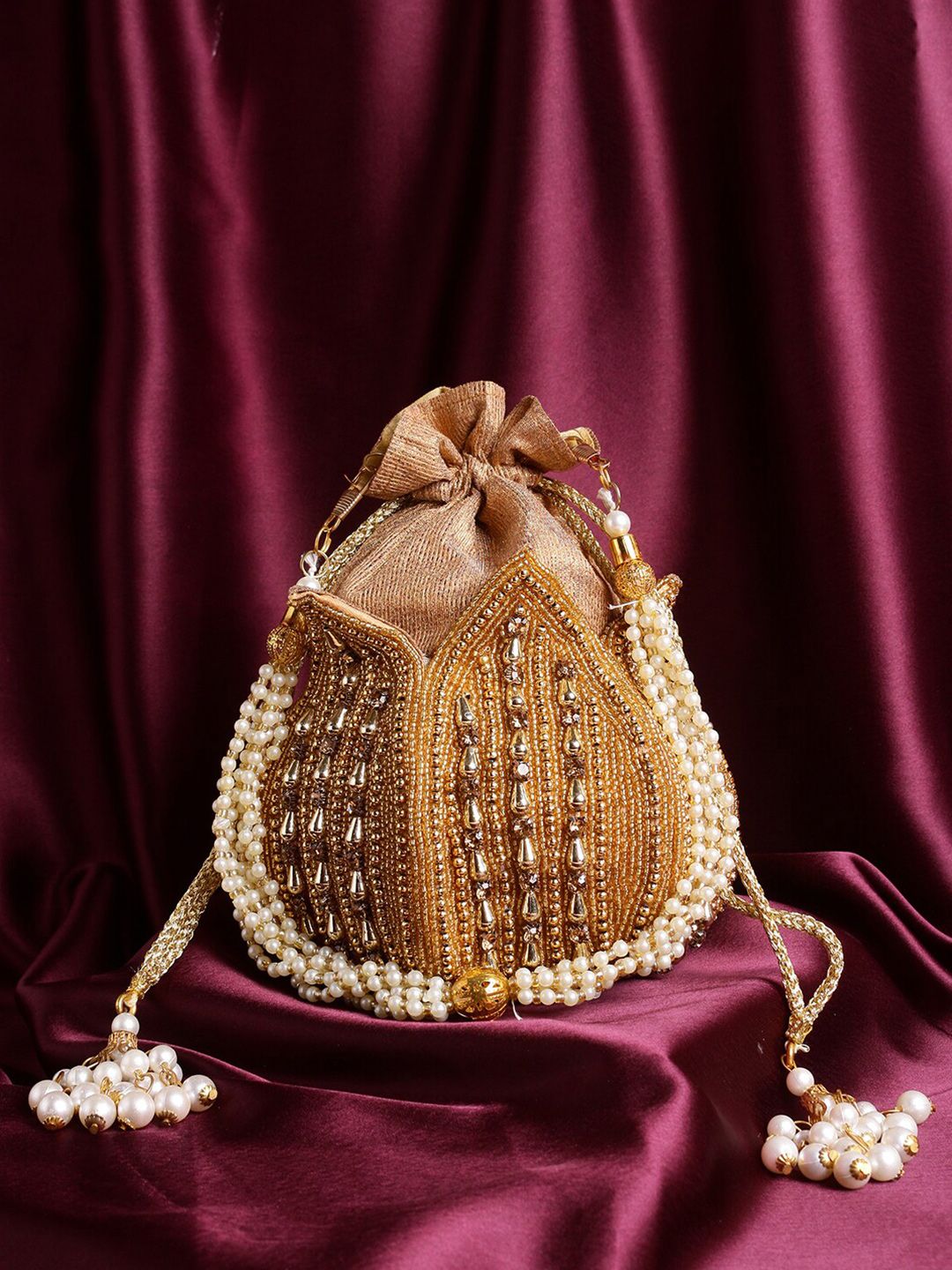 Buy Swisni Gold Toned & Cream Coloured Embellished Potli Clutch -  - Accessories for Women