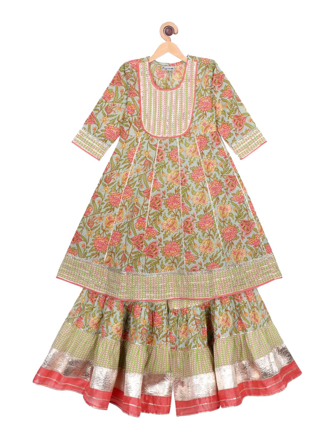 Ka-mee Girls Sea Green Ethnic Motifs Printed Gotta Patti Pure Cotton Kurta with Sharara