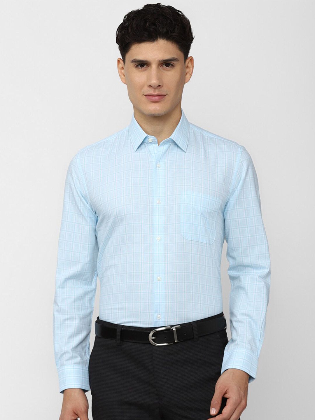 Peter England Men Blue Slim Fit Grid Tattersall Checks Checked Formal Shirt