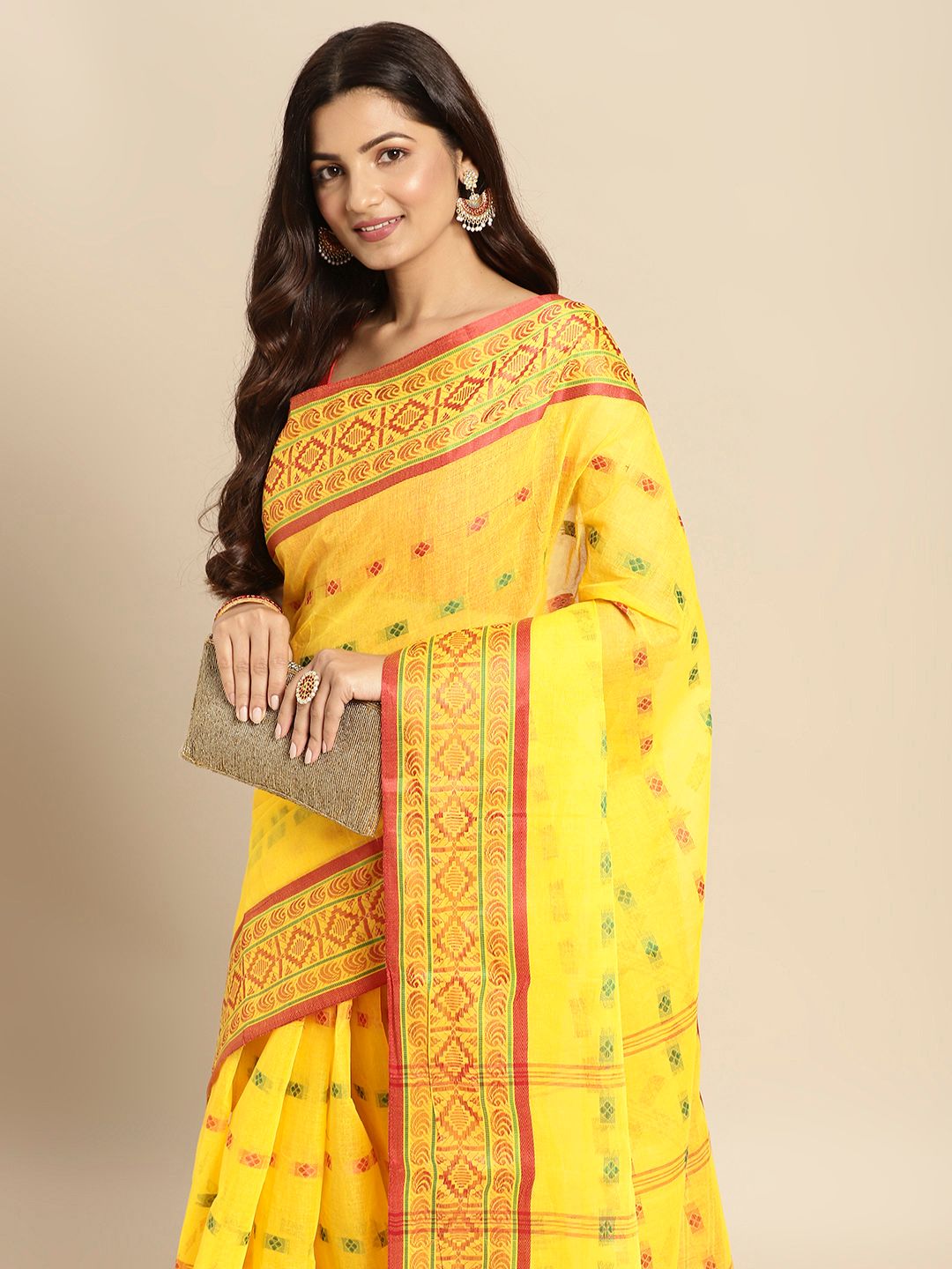 DESH BIDESH Yellow & Pink Ethnic Motifs Pure Cotton Taant Saree
