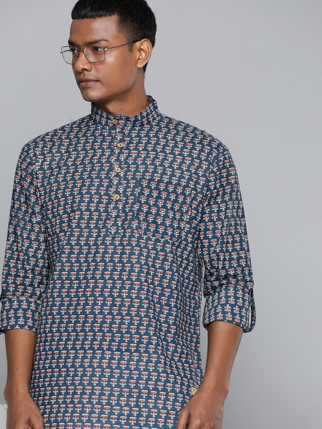 DENNISON Men Blue & Maroon Ethnic Motifs Printed Kurta