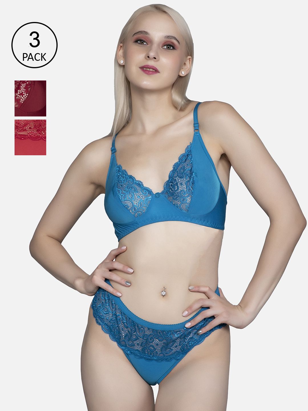 FIMS Women Pack Of 3 Red & Blue Cotton Lycra Floral Lingerie Set