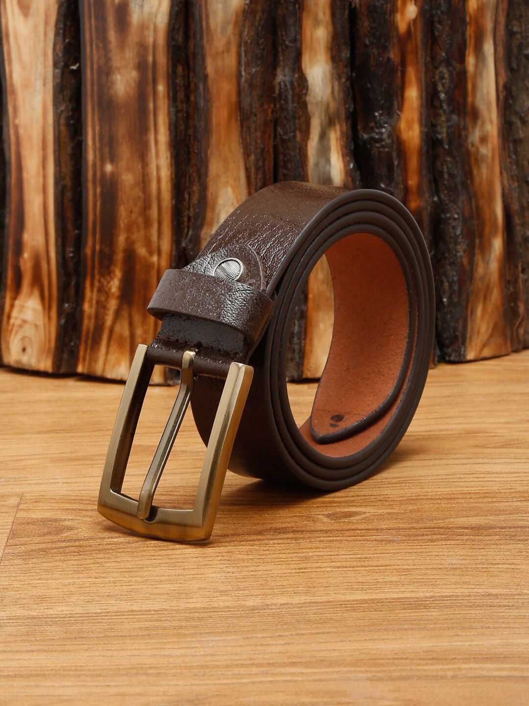MUTAQINOTI Men Brown Textured Leather Formal Belt