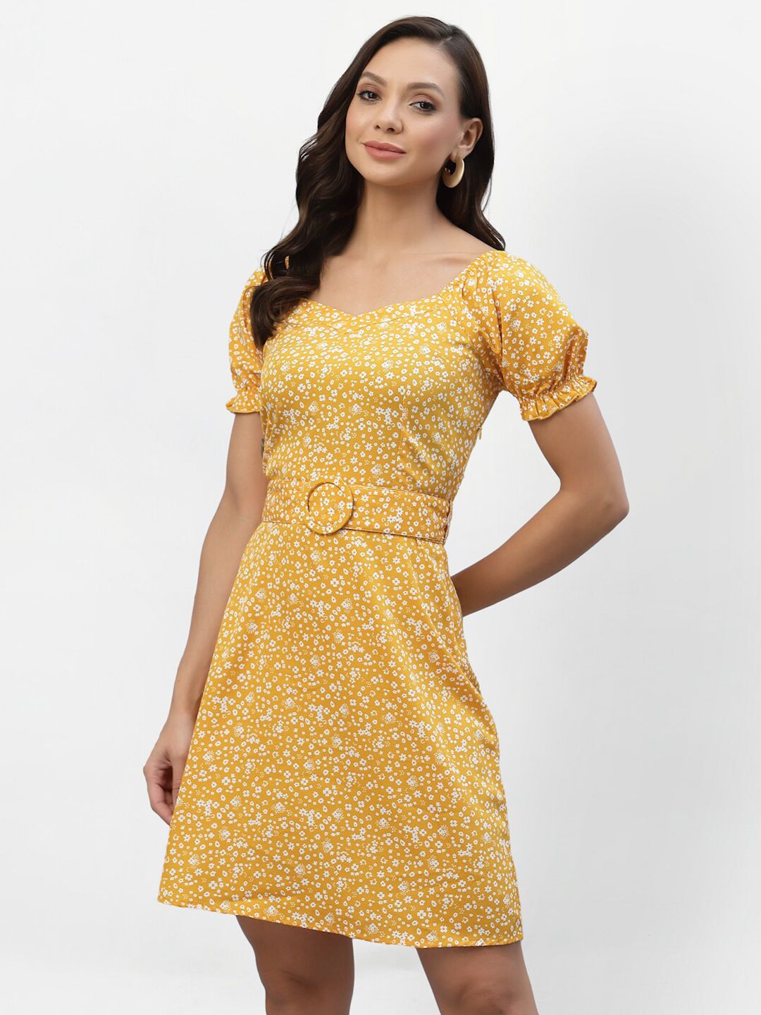 aayu Women Yellow Floral Crepe Dress