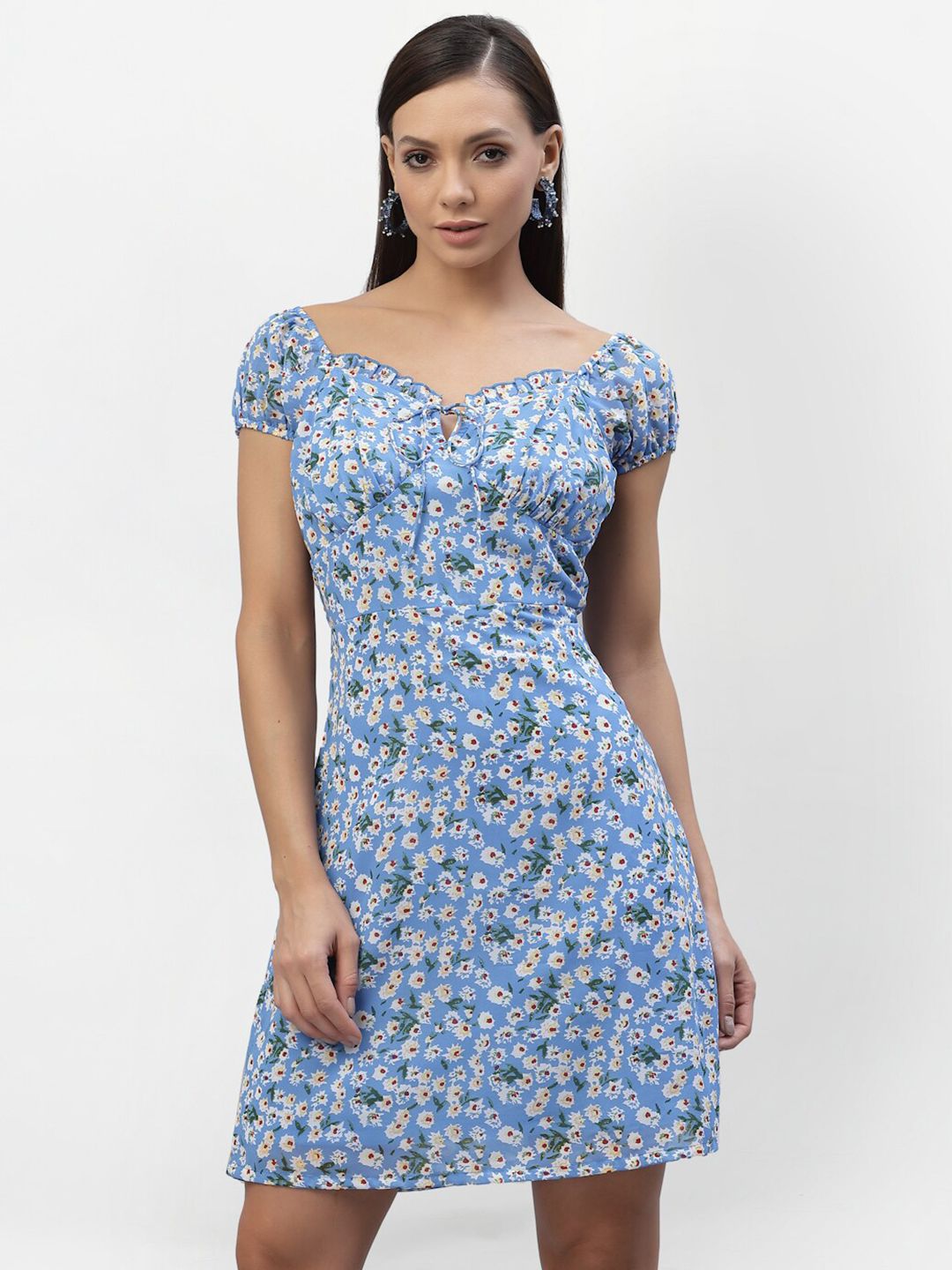 aayu Women Blue Floral Printed Tie-Up Neck Crepe A-Line Dress