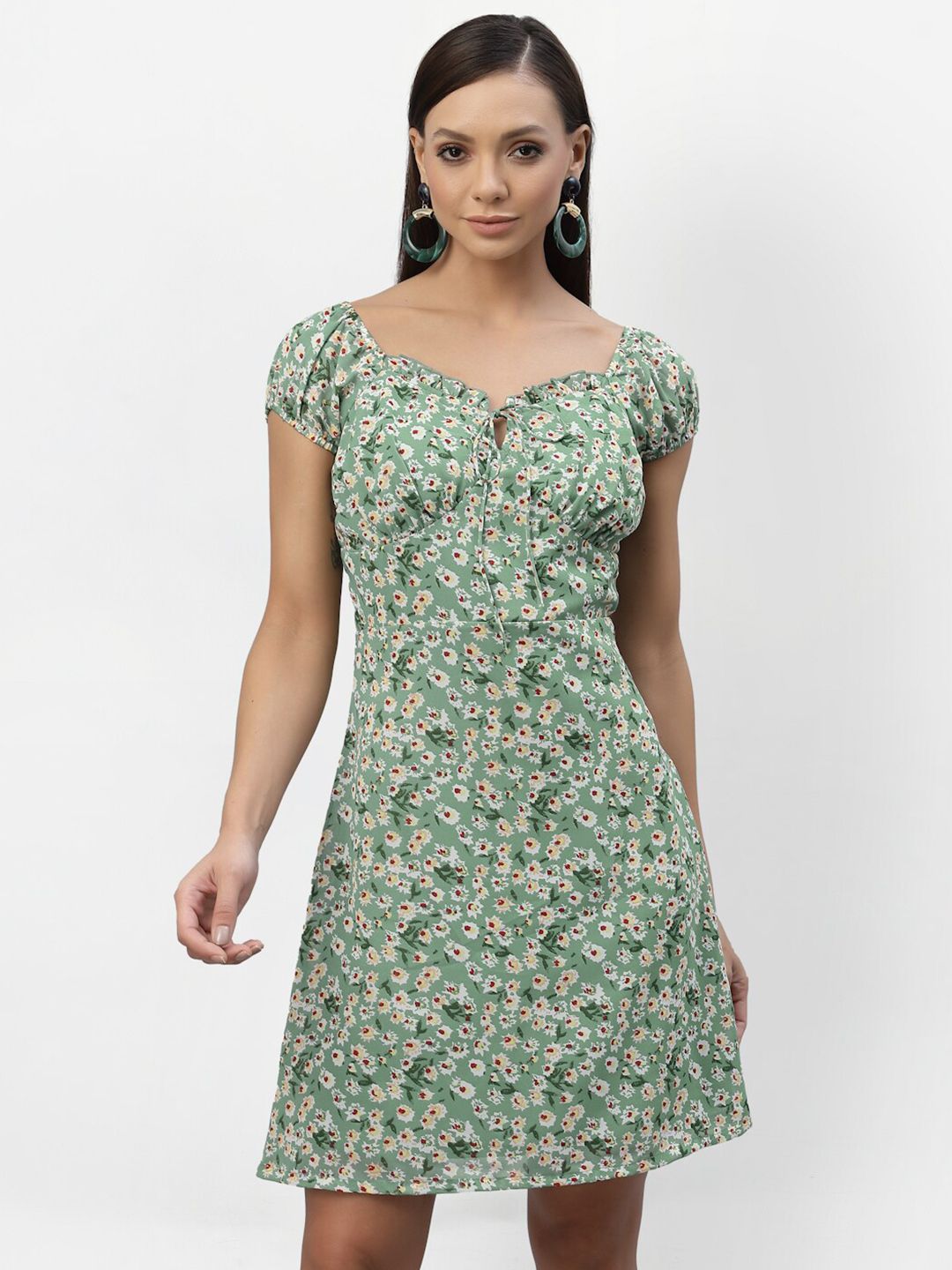 aayu Women Green & White Floral Tie-Up Neck Crepe A-Line Dress