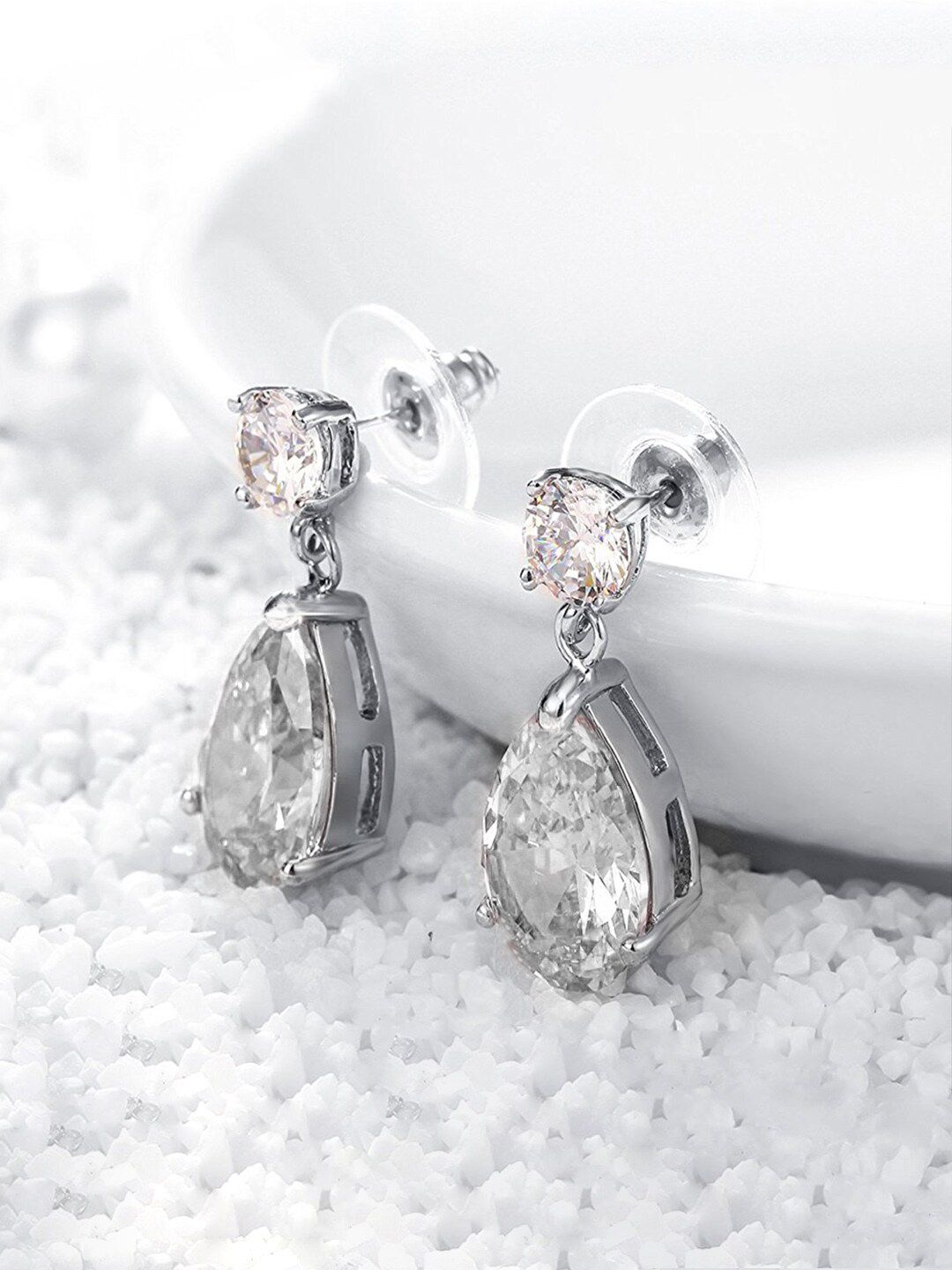 Yellow Chimes Silver-Toned & White Crystal Studdd Oval Shape Drop Earrings