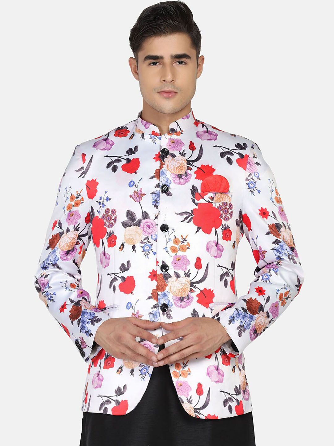 TAHVO Men White Printed Regular-Fit Single Breasted Bandhgala Blazer