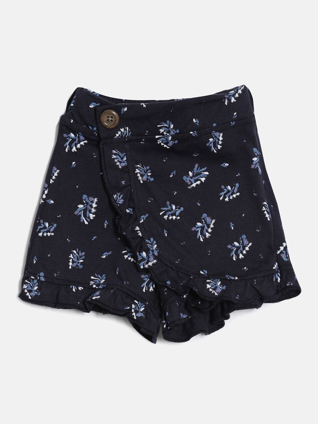 Kryptic Girls Navy Blue Cotton Floral Printed Shorts
