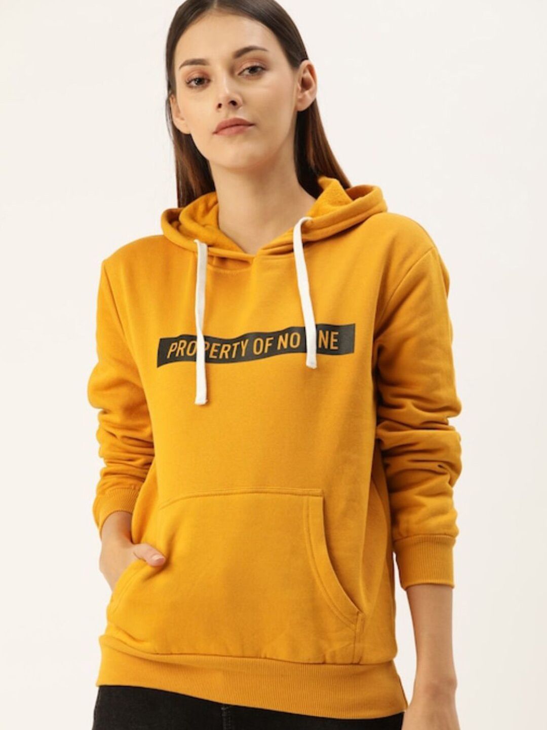 PINACOLADA Women Mustard Printed Hooded Casual Sweatshirt