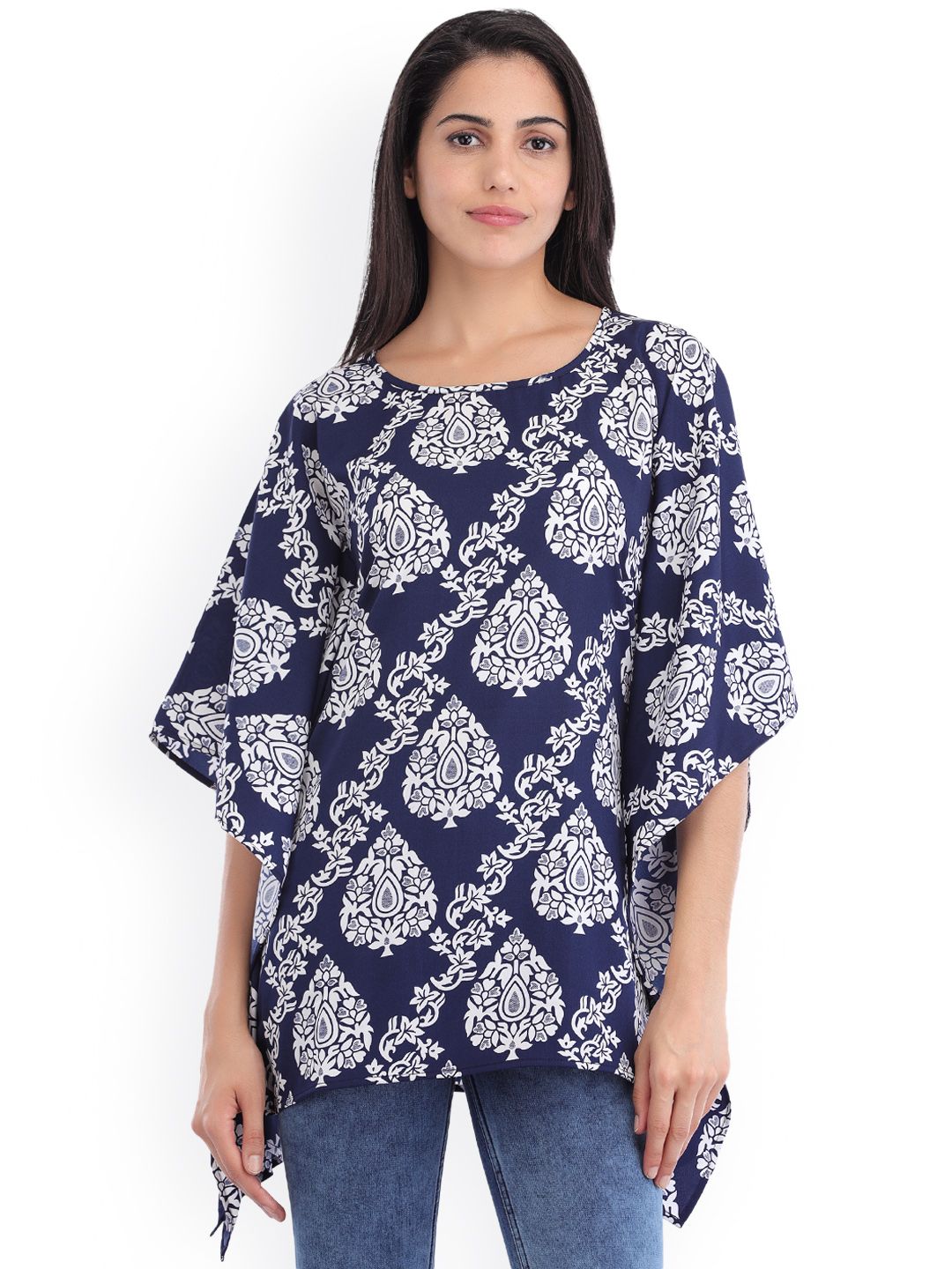 Cottinfab Women Navy & Off-White Printed Kaftan Top